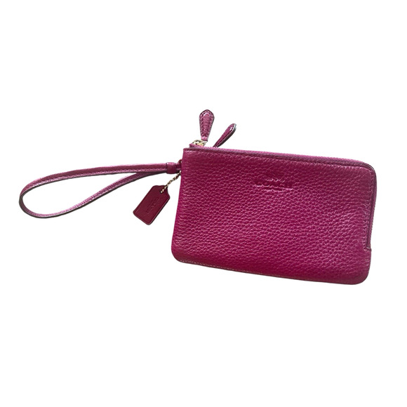 COACH Fuchsia Pebbled Leather Double Corner Zip Wristlet Bag Wallet Hang Tag - Picture 1 of 12